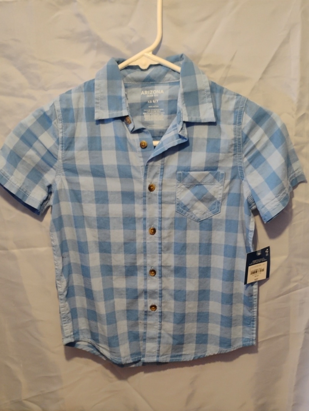 NWT Arizona Jean Co. Boys Blue Gingham Plaid Short Sleeve Button Down XS 6/7